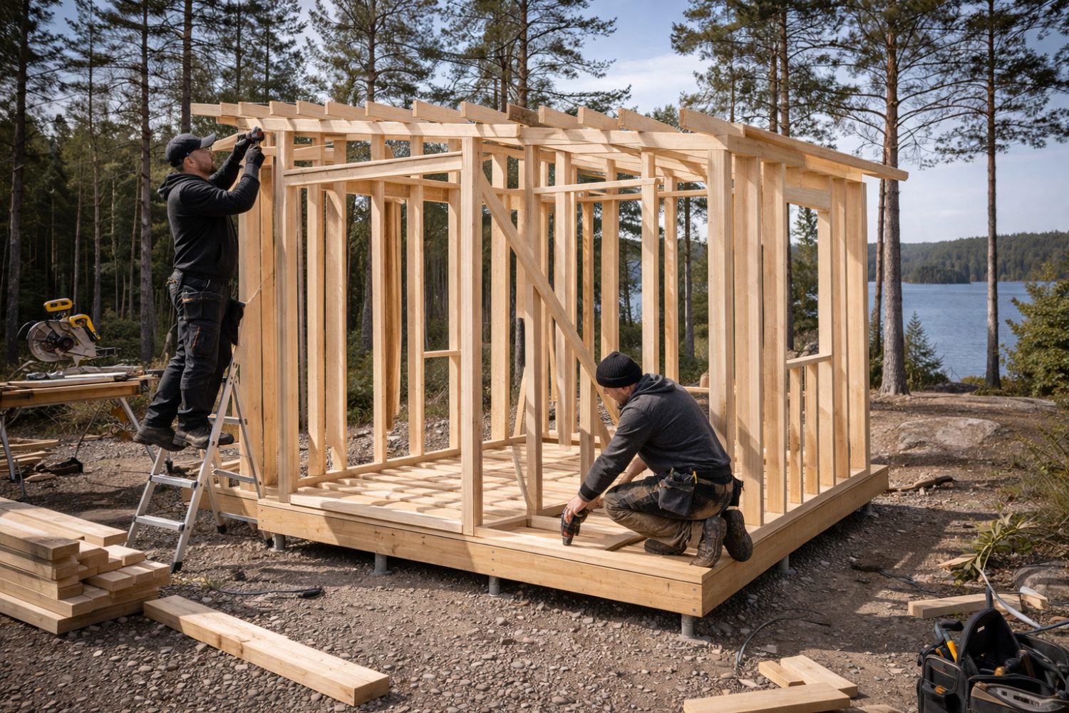 Modernt attefallshus på villatomt i Dalarna