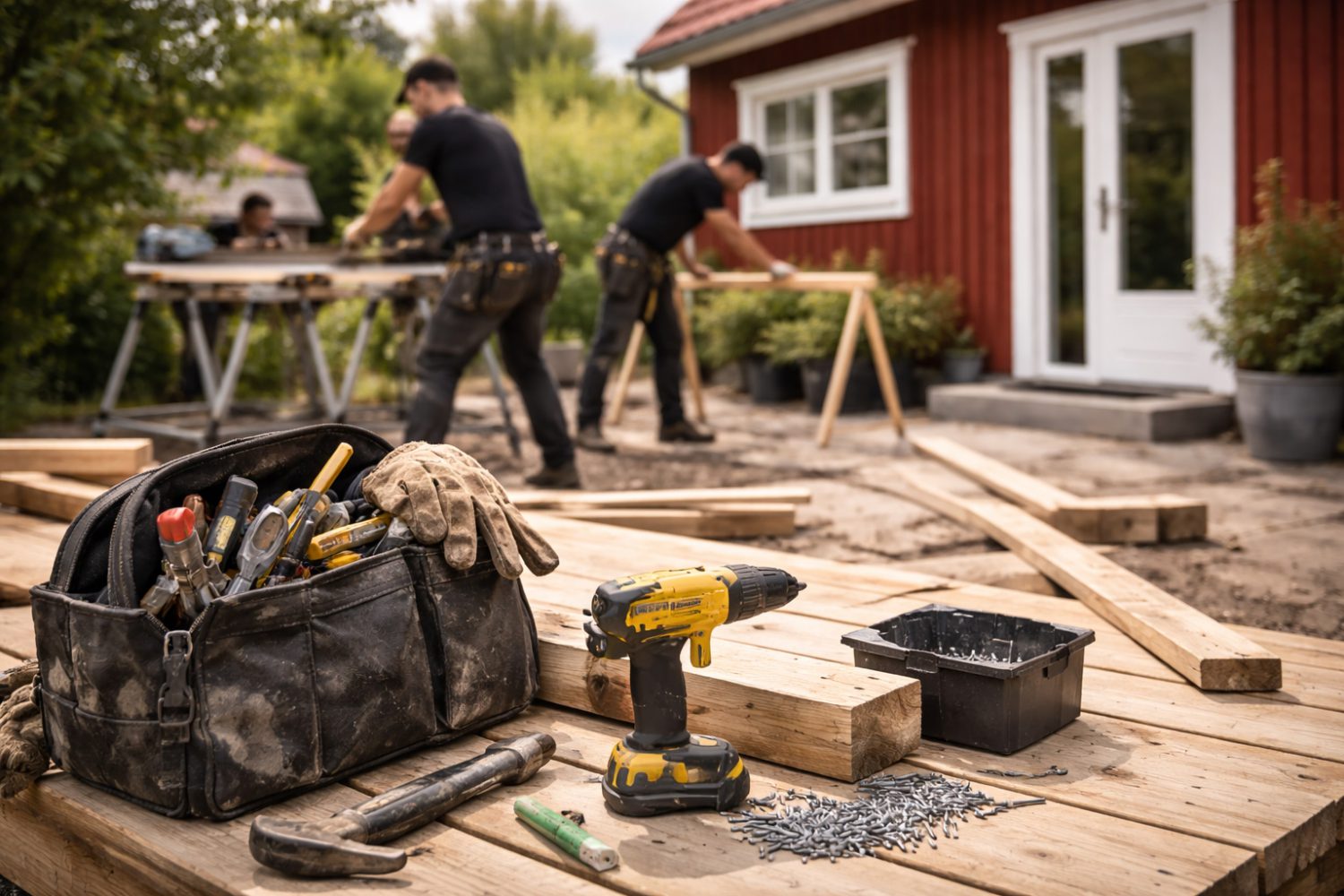 Snickare som arbetar med träkonstruktion och verktyg utanför ett rött hus – byggtjänster i Dalarna