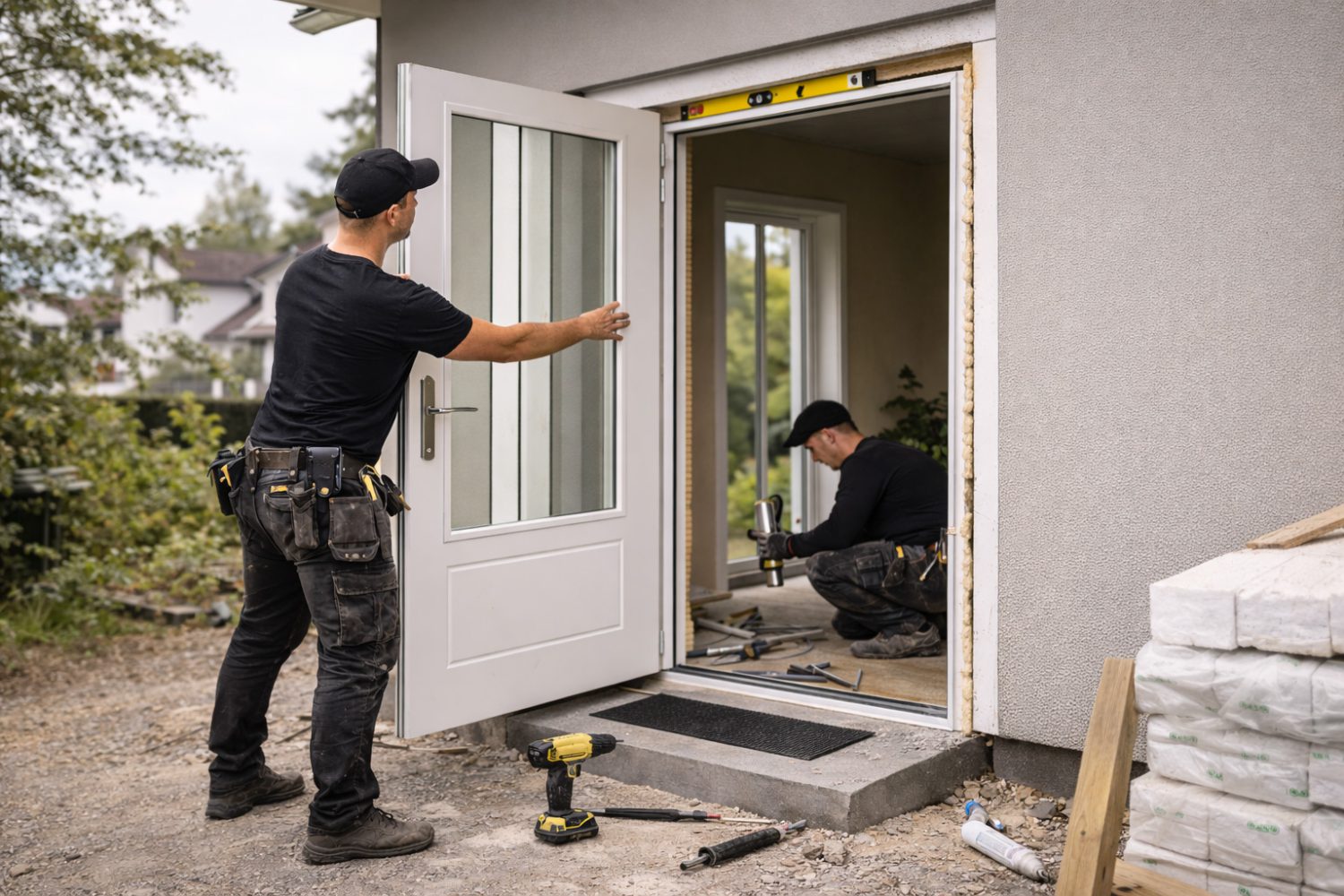 Snickare monterar ytterdörr i Falun