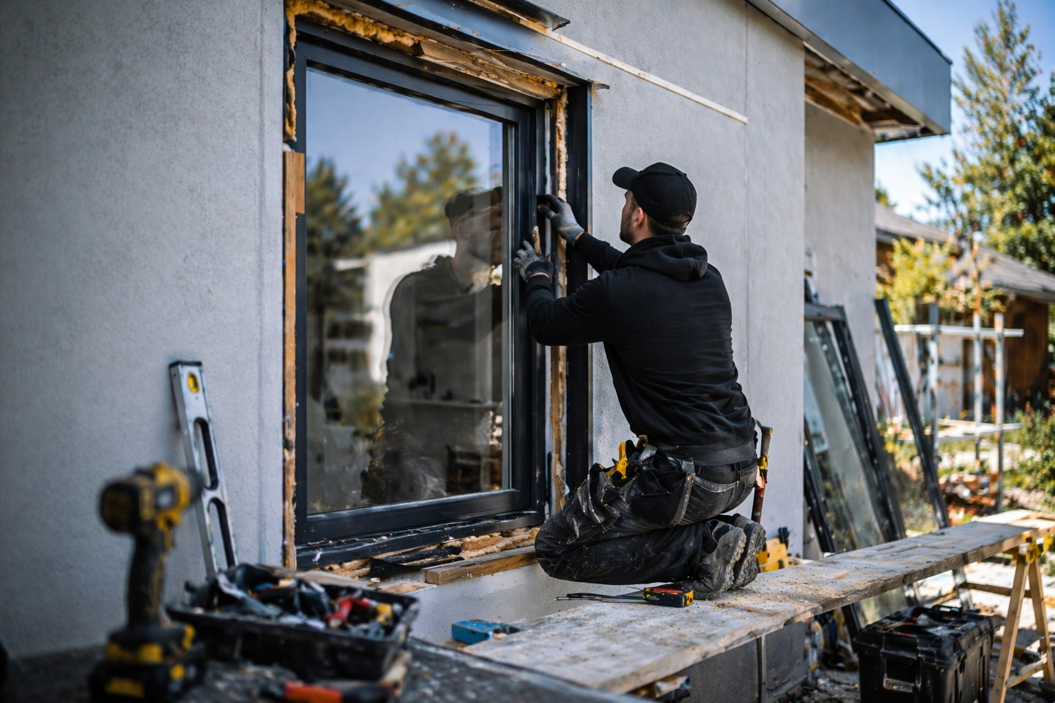 Fönsterinstallation i villa med snickare och verktyg i Falun