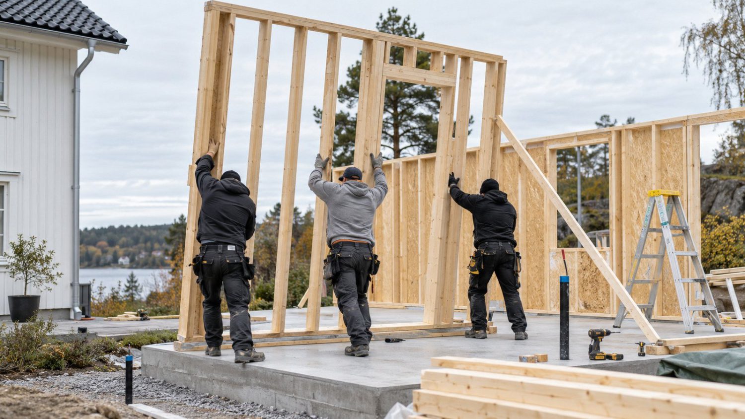 Attefallshus garage – hantverkare i arbete