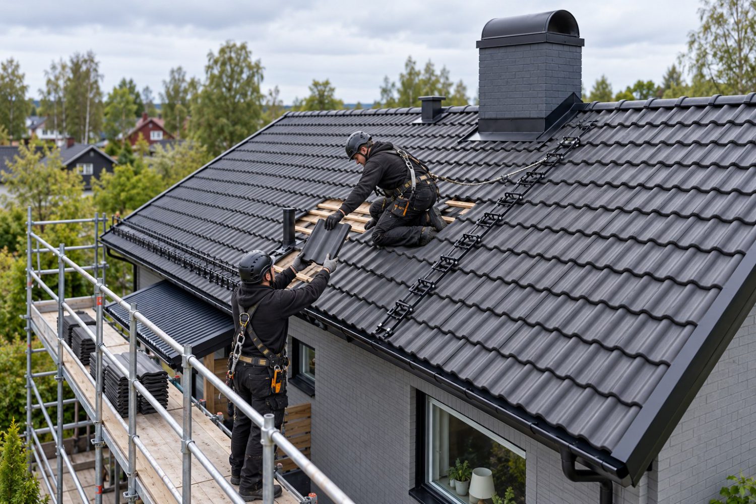 Två takläggare samarbetar vid läggning av betongpannor