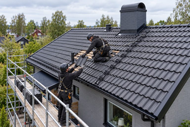 Två takläggare samarbetar vid läggning av betongpannor