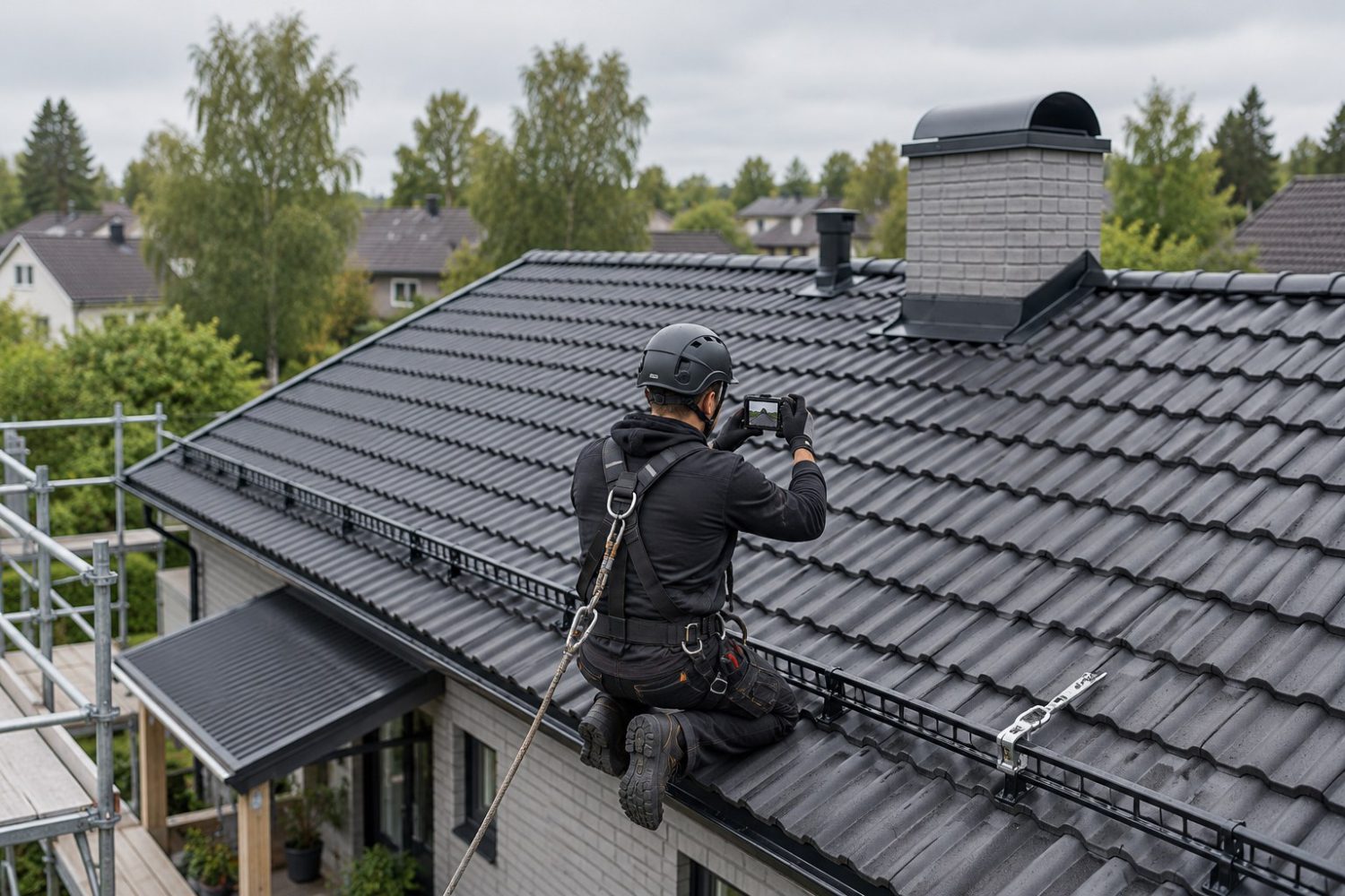 Takläggare fotograferar ett färdigt tak med mörkgrå pannor
